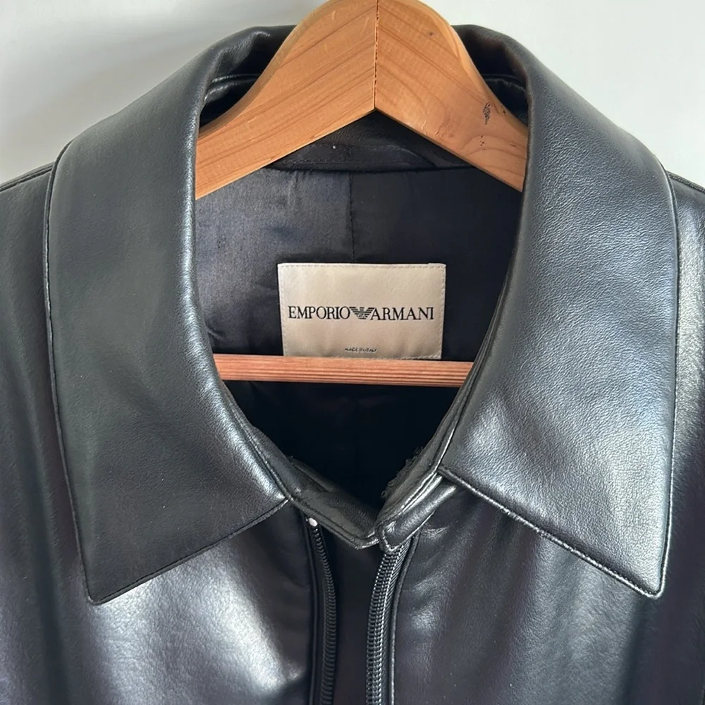 Emporio Armani Black Faux Leather Coat Zipper Front Size 52 Italian - Picture 2 of 14